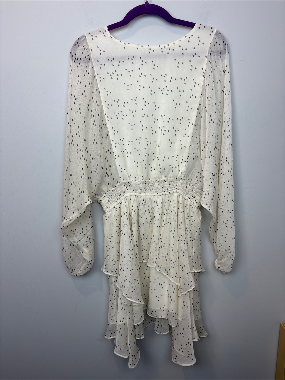 Storia Cream Long-Sleeve star Dot-Print Ruffle Hem Dress